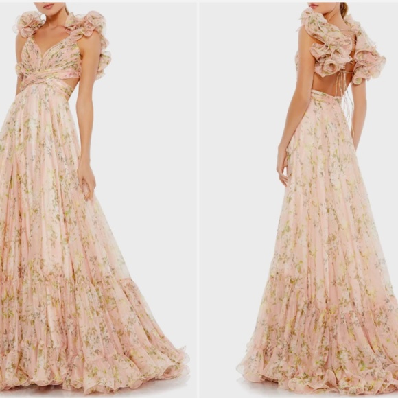 Mac Duggal Dresses & Skirts - NWT Mac Duggal Floral Chiffon Cutout Ruffle Pink Ball Gown Maxi Dress (Size 2)